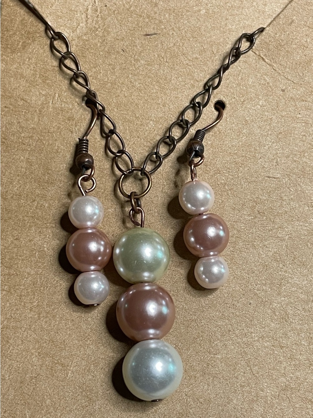 Estate finds. Pearl earrings and matching necklace 19.5”copper ish chain